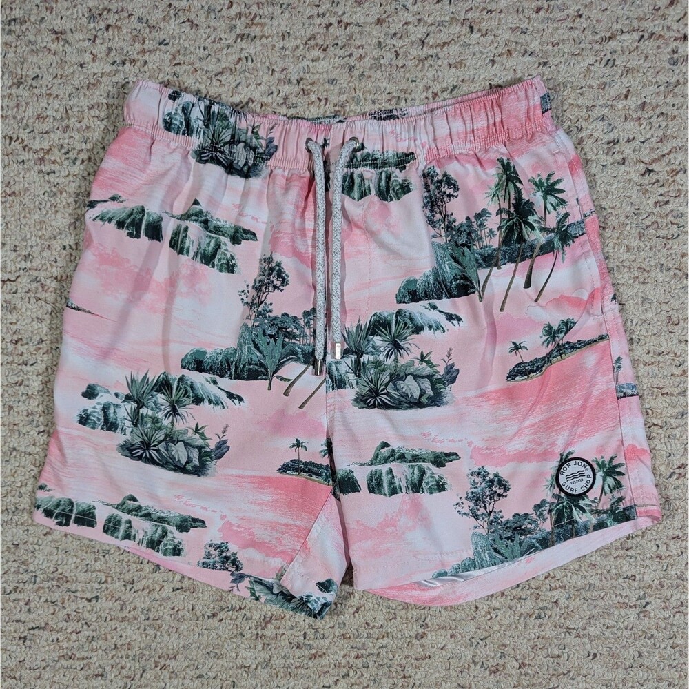 Ron Jon Endless Summer Swim Trunks Mens LARGE Lined Pink/Green Hawaiian Surf